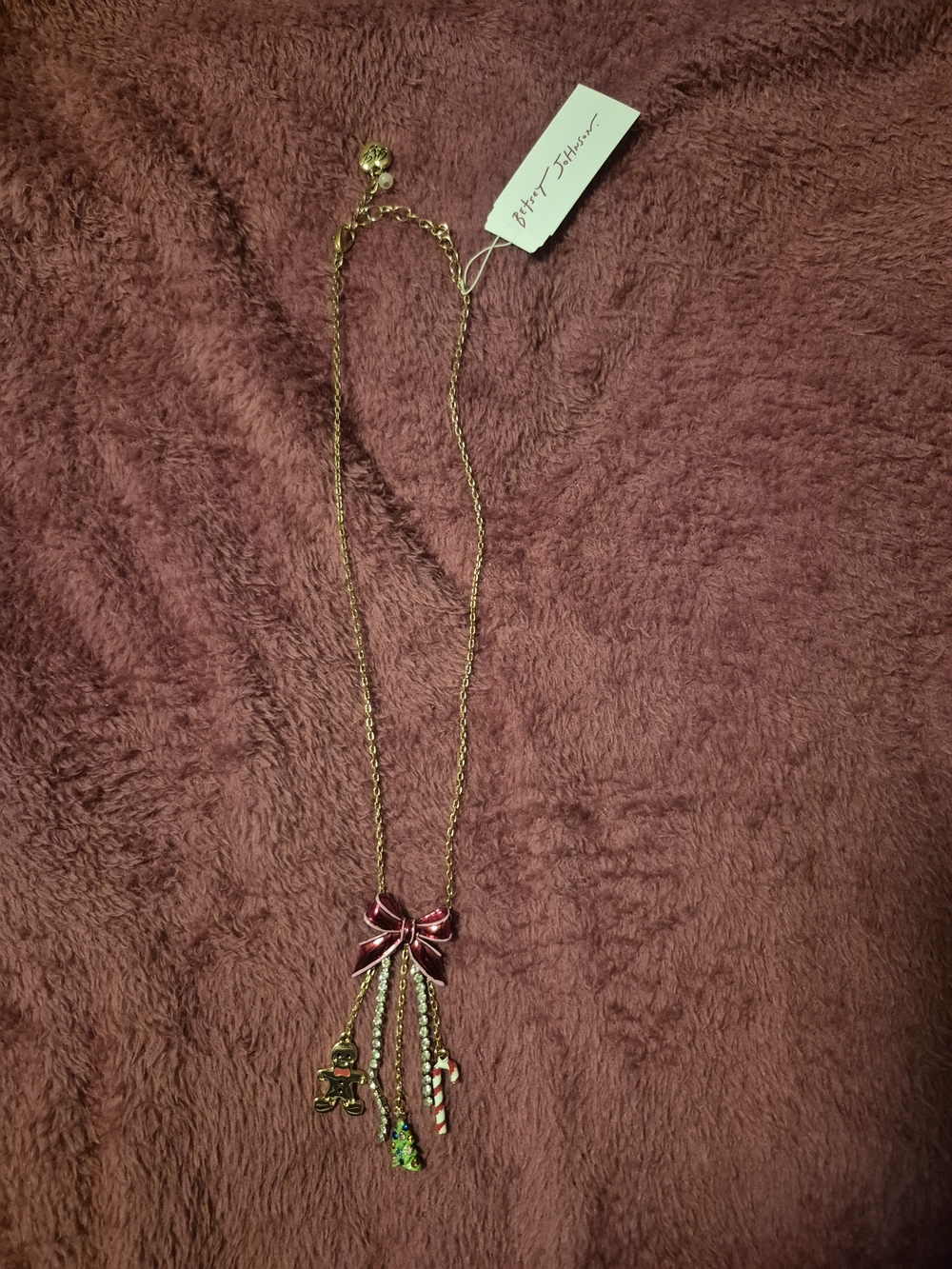 Betsey Johnson Bow Hamging Christmas Tree, Candy Cane & Gingerbread Necklace